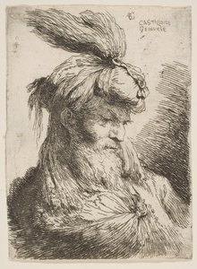 رأس رجل ملتح مع عمامة تواجه اليمين ، من سلسلة رؤوس صغيرة ... ، كاليفورنيا. 1645-1650. بواسطة جيوفاني بينيديتو كاستيجليون