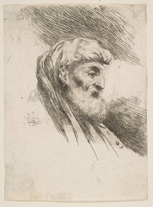 رأس رجل ملتح عجوز يواجه اليمين ، من سلسلة Small Heads in Orien ...، ca. 1645-1650. بواسطة جيوفاني بينيديتو كاستيجليون