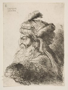 رأس رجل عجوز مع عمامة تواجه اليسار ، من سلسلة رؤوس صغيرة في ... ، كاليفورنيا. 1645-1650. بواسطة جيوفاني بينيديتو كاستيجليون