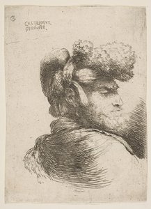 رجل في صورة جانبية يواجه اليمين ، يرتدي قبعة من الفرو ، من سلسلة من Small Heads in Or ...، ca. 1645-1650. بواسطة جيوفاني بينيديتو كاستيجليون