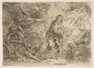 الملاك يوقظ يوسف على حضور العذراء والطفل ، كاليفورنيا. 1645-49. بواسطة جيوفاني بينيديتو كاستيجليون
