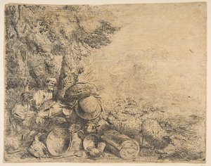 اثنين من الرعاة ، حمار وحيوانات أخرى في المناظر الطبيعية ، كاليفورنيا. 1638-1640. بواسطة جيوفاني بينيديتو كاستيجليون