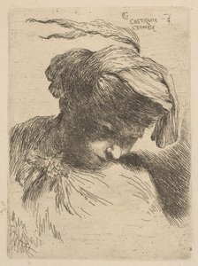 شاب ينظر إلى اليمين ، من سلسلة الرؤوس الصغيرة في الرأس الشرقي ... ، كاليفورنيا. 1645-50. بواسطة جيوفاني بينيديتو كاستيجليون