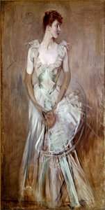 الفترة الجميلة: "" صورة لكونتيسة Leusse nee Berthier "" "امرأة في فستان سهرة أبيض أنيق. رسم جيوفاني بولديني (1842-1931) صن. 200 × 105 سم بستويا ، مجموعة بولديني بواسطة جيوفاني بولديني