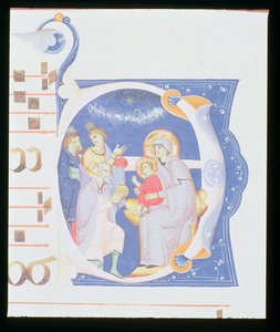السيدة 561 f.37r أولية تاريخية "O" تصور عشق المجوس ، من تدريجي من دير سان جاكوبو دي ريبولي ، أوائل القرن الرابع عشر بواسطة جيوفاني سيمابو