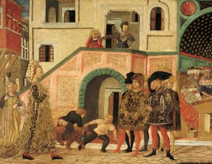 قصص سوزان ، حوالي 1450 ، اللوحة الأمامية لصندوق مطلي ، بقلم جيوفاني دي سير جيوفاني ، المعروفة باسم لو شيغيا (1406-1486) ، تمبرا على الخشب ، التفاصيل