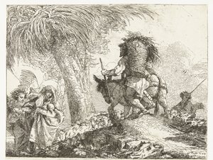 مريم والطفل يدعمهما الملاك ويوسف يقودان حمارًا وراء الراعي مع الغنم رحلة إلى مصر (عنوان المسلسل) فكرة الخلابة سوبرا لا فوجا في Egitto (عنوان المسلسل) بواسطة جيوفاني دومينيكو تيبولو