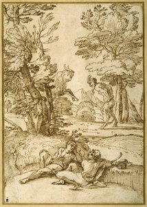 A landscape with two shepherds lads resting, while a satyr and a goat dance (pen & ink on paper) بواسطة جيوفاني فرانشيسكو جريمالدي