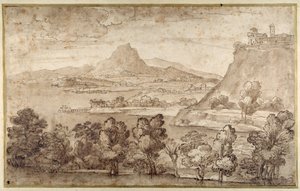 Landscape with a hill town and a more distant mountain (pen & brown ink with brown wash on white paper) بواسطة جيوفاني فرانشيسكو جريمالدي