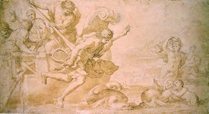 Arion and the Dolphins (قلم وحبر بني وغسل على ورق)