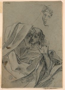 رسم الدراسات مع وجه المرأة والرجل متكئ ، واليد اليمنى مع الساعد بواسطة جيوفاني فرانشيسكو باربيري (Il Guercino)