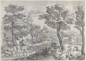 مجموعة من الأشخاص يلعبون الورق إلى اليمين ورجل يمتطي حصانًا إلى اليسار ، 1626-80.