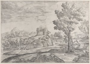 منزل فوق صخرة مستديرة في الوسط ، أناس في النهر وفي الزوارق ، 1626-80. بواسطة جيوفاني فرانشيسكو جريمالدي