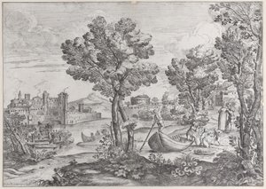 منظر طبيعي مع رجل يحمل ثعبانًا لطفل مرعوب ، شاهده دري بشكل عصري ... ، 1626-80. بواسطة جيوفاني فرانشيسكو جريمالدي