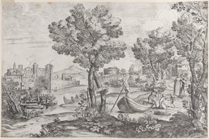 منظر طبيعي مع رجل يحمل ثعبانًا لطفل مرعوب ، شاهده دري بشكل عصري ... ، 1626-80. بواسطة جيوفاني فرانشيسكو جريمالدي