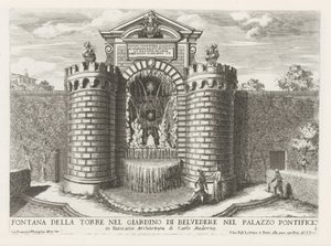 Fontein in de Vaticaanse tuinen نافورة برج في حديقة بلفيدير في القصر البابوي (...) (العنوان على الكائن) النوافير في قصور وحدائق روما (عنوان السلسلة) Fonteinen in de paleizen en tuinen van Rome (عنوان السلسلة) بواسطة جيوفاني جياكومو دي روسي