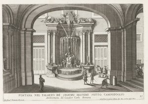 فونتين في de binnenplaats van het Palazzo Massimo di Rignano te Rome نافورة في Palazzo dei Signori Massimi تحت Campidoglio (العنوان على الكائن) النوافير في قصور وحدائق روما (عنوان السلسلة) Fonteinen in de paleizen en tuinen van Rome (جادة بواسطة جيوفاني جياكومو دي روسي