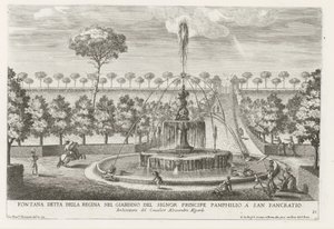 Fontein in de tuinen van Villa Doria Pamphilj te Rome نافورة معروفة باسم الملكة في حديقة الأمير بامفيليو في سان بانكراتيو (العنوان على القطعة) النوافير في قصور وحدائق روما (عنوان السلسلة) Fonteinen in de paleizen en tuinen v بواسطة جيوفاني جياكومو دي روسي