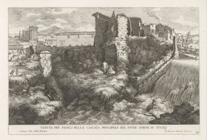 التقى Landschap مع waterval en tempel van de Tiburtijnse Sibille te Tivoli منظر جانبي للشلال الرئيسي لنهر Aniene في تيفولي (العنوان على الجسم) ينابيع حديقة إستي في تيفولي (عنوان السلسلة) Fonteinen في de tuinen van Villa d