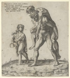 إينياس ينقذ Anchises ، صبي صغير يحمل فانوسًا إلى اليسار ، كاليفورنيا. 1525. ، كاليفورنيا. 1525. بواسطة جيوفاني جاكوبو كاراجليو