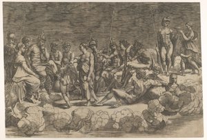 تجميع الآلهة بعد تكوين السقف في Loggia di Psiche ، Villa Farnesin ... ، 1527. بواسطة جيوفاني جاكوبو كاراجليو