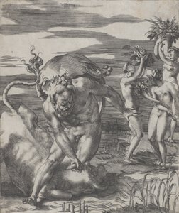 هرقل يهزم إله النهر أخيلوس على شكل ثور ، مع ثلاث نساء ر ... ، كاليفورنيا. 1526-27.