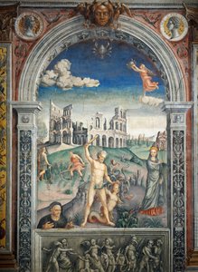 فريسكو بقلم جيوفاني ماريا فالكونيتو (1468-1535) ، قاعة الأبراج ، قصر داركو ، مانتوا (قائمة اليونسكو للتراث العالمي ، 2008) ، إيطاليا