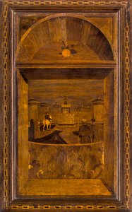 كورال Lignaean الكنسي ، مرصع بواسطة Giovanni Maria Platina 1484 ، Superior Stallo ، منظر لقلعة Sforzesco في ميلانو بواسطة جيوفاني ماريا بلاتينا