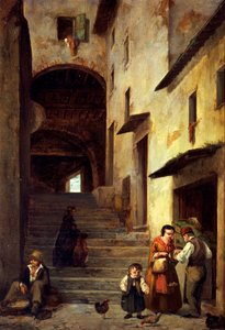 منظر لشارع في سيستري ليفانتي ، ريفييرا جنوة ، حوالي 1863 ، بقلم جيوفاني موتشي (1829-1893) ، زيت على قماش ، 40 × 30 سم. بواسطة جيوفاني موتشي