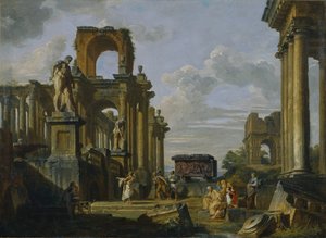Capriccio المعمارية للمنتدى الروماني مع الفلاسفة والجنود بين الأطلال القديمة بواسطة جيوفاني باولو بانيني