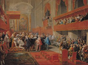 تقديم وسام الروح القدس للأمير Vaini بواسطة Paul-Hippolyte de Beauvillers (1684-1776) دوق القديس أيغنان في عام 1732 ، ج 1752 بواسطة جيوفاني باولو بانيني