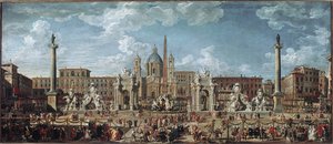 Preparations for the fireworks and decorations of the feast given in Rome celebrating the birth of the Louis de France dolphin (oil on canvas بواسطة جيوفاني باولو بانيني