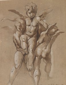 اثنان Putti يحملان Putti الثالث (وجهًا) ؛ شاب ذو عصا (ظهر)