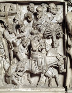 Detail of the reliefs of the Chair realised by Giovanni Pisano (1248-1314): Detail of the reliefs of the marble pulpit, flight into Egypt 1302-1311 Cathedrale de Pisa (Duomo di Pisa), Italy بواسطة جيوفاني بيسانو