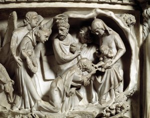 Detail of the reliefs of the Chair realised by Giovanni Pisano (1248-1314): Detail of the reliefs of the marble pulpit, the adoration of the magi 1302-1311 Cathedrale of Pisa (Duomo di Pisa), Italy بواسطة جيوفاني بيسانو