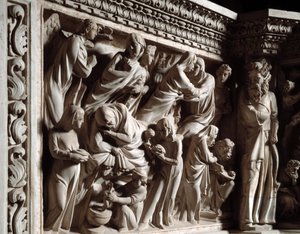 Detail of the reliefs of the Chair realized by Giovanni Pisano (1248-1314): the annunciation, the visitation and the birth of John the Baptist (Detail of the reliefs of the marble pulpit, annunciation, visitation et birth of St John Baptist) 1302-1311 Cath بواسطة جيوفاني بيسانو