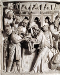 تفاصيل نقوش الكرسي التي أنجزها جيوفاني بيسانو (1248-1314): تقديم يسوع في المعبد (تفاصيل النقوش البارزة على المنبر الرخامي) 1302-1311 كاتدرائية بيزا (دومو دي بيزا) ، إيطاليا بواسطة جيوفاني بيسانو