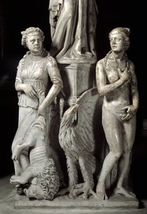 Detail of the sculpted groups supporting the Chair realized by Giovanni Pisano (1248-1314): two cardinal virtues (Detail of the sculptures supporting the marble pulpit, two cardinal virtues) 1302-1311 Cathedrale de Pisa (Duomo di Pisa), Italy بواسطة جيوفاني بيسانو