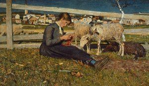 فتاة تصنع الجوارب من قبل جيوفاني سيجانتيني (1858-1899) ، زيت على قماش ، 54 × 88 سم