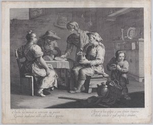 جلس ثلاثة أشخاص حول طاولة إلى اليسار بينما يجلب رجل طبقًا فارغًا ... ، 1760-70.