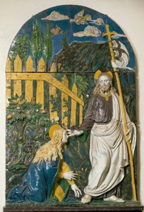 Noli me tangere يحمل يسوع المسيح علمًا أبيض (قياسيًا) مضروبًا بصليب أحمر وتم وضع علامة صليب على هالة له. جوارب إغاثة خزفية من جيوفاني ديلا روبيا (1469-1529) فلورنسا ، متحف ناسيونالي ديل بارجيلو