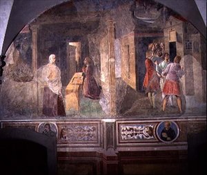 القديس بنديكت إصلاح المنخل المكسور ، تفاصيل من دورة جدارية لحياة القديس بنديكت من Chiostro degli Aranci (دير البرتقال) حوالي 1430 (جصية) بواسطة Giovanni di Consalvo (Attr. To)