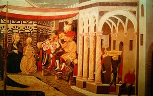 أمامي من Adimari Cassone يصور مشهد زفاف أمام المعمودية ، 1450