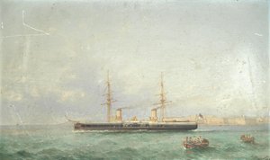 السفينة الحربية HMS Inflexible متجهة إلى البحر من ميناء غراند هاربور، فاليتا