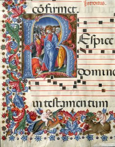 Decoree lettrine يصور المسيح و Leper Miniature بواسطة Girolamo da Cremona (نشط حوالي 1451-1483) و Liberale da Verona (1445-1529) من جوقة (Cod. 19/4. c.26.) من كاتدرائية سيينا. القرن الخامس عشر كاتدرائية (دومو) في سيينا ، إيطاليا بواسطة جيرولامو دا كريمونا