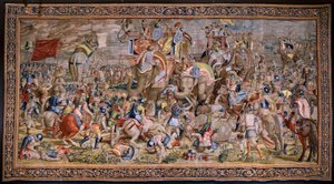 نسيج فلمنكي. مسلسل The Acts of Scipio: The Battle at Zama. رسام الكاريكاتير جوليو رومانو. أتيليه بالتازار فان فلايردين (؟) ، بروكسل. 1523-1532. بواسطة جوليو (بعد) رومانو