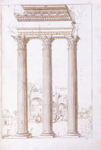 أعمدة معبد كاستور وبولوكس ، مع معبد السلام في الخلفية ، حوالي 1550 (رسم أصلي بالطباشير الأسود والقلم والحبر البني) بواسطة جوليو (دائرة) رومانو