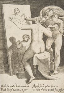 أبولو يقف بجانب امرأة تمثل قصة رمزية للرسم ، من 'The Loves ...، 1531-60. بواسطة جوليو بوناسون