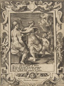 جلست أثينا بالقرب من جونو الذي أخذ سهام كيوبيد ، الموضوعة داخل إطار مفصل ... ، 1531-1576. بواسطة جوليو بوناسون