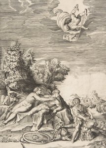 يحاول كاليبسو اعتقال أوليسيس عندما يقوم طفل بإعداد درعه على اليمين وعطارد ... ، 1531-1576. بواسطة جوليو بوناسون